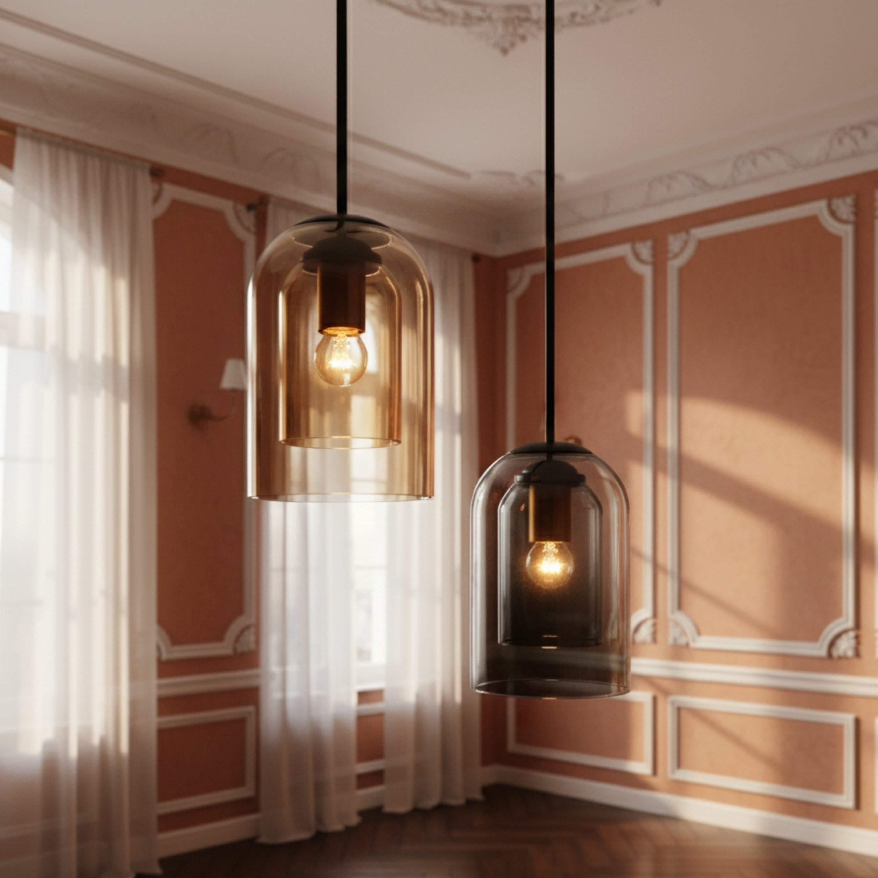 Kubkowa lampa wisząca z podwójnym szkłem