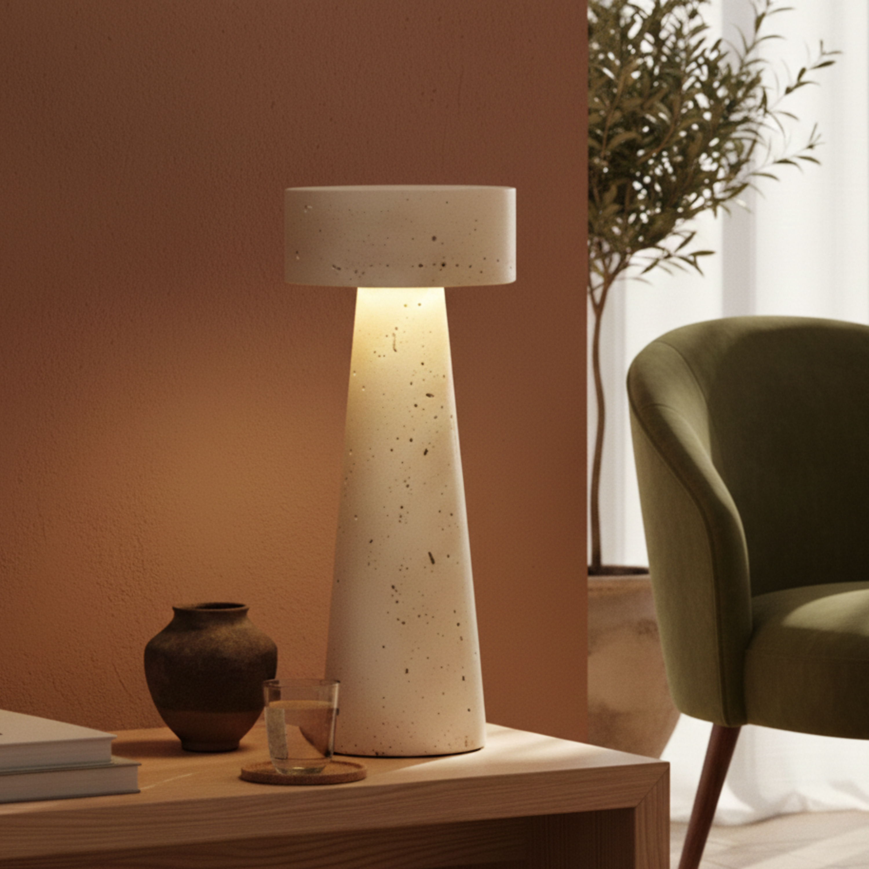 Nowoczesna stylowa lampa stołowa LED z trawertynu