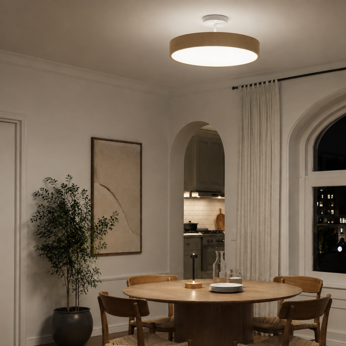 Scandinavian Flush Mount Ceiling Light – Wood Look with Gold Frame