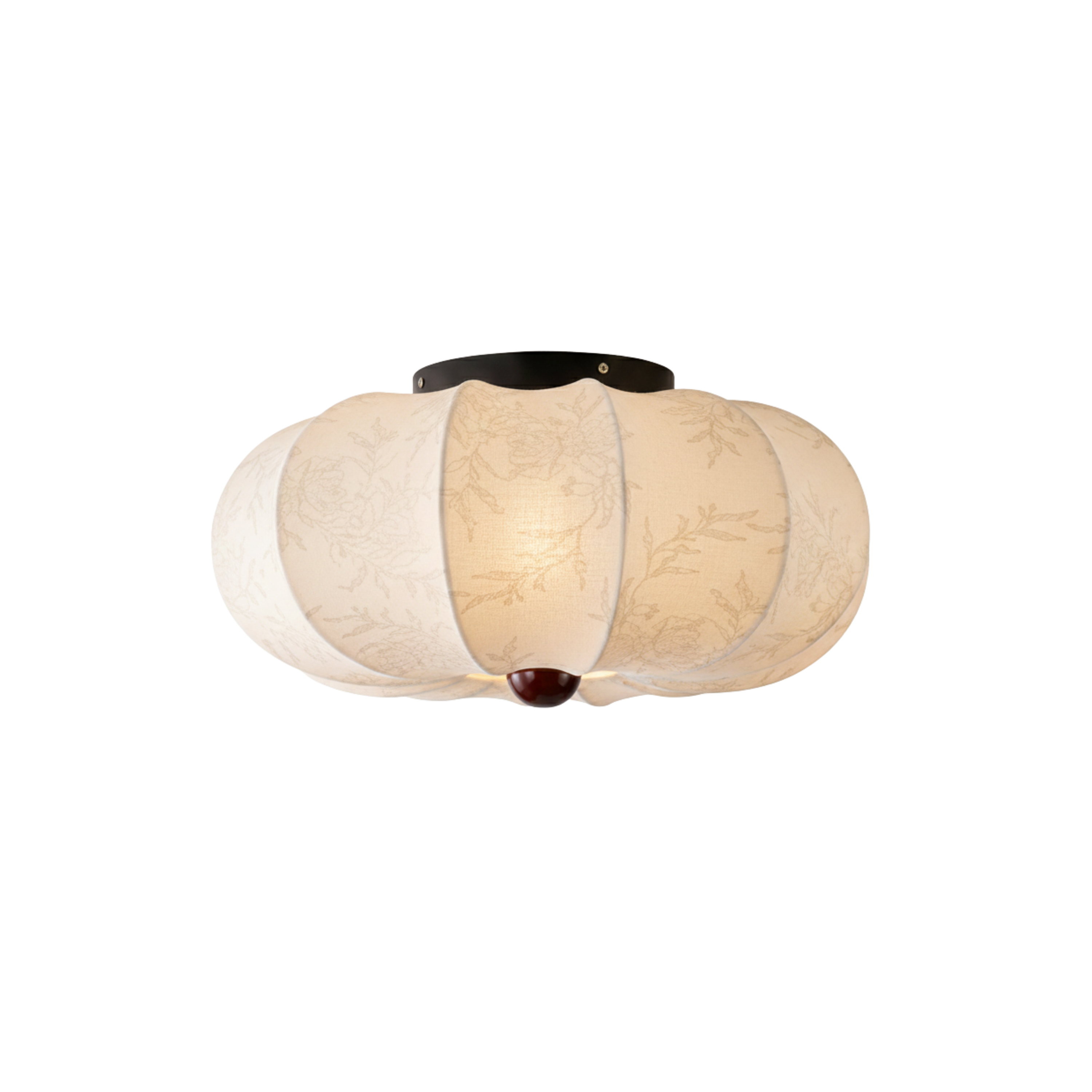 Sufitowa lampa z tekstylnym kloszem i drewnianą ramą