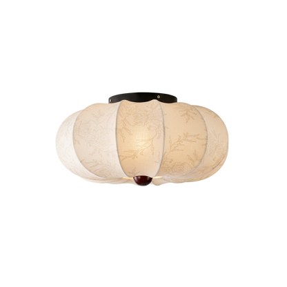Sufitowa lampa z tekstylnym kloszem i drewnianą ramą
